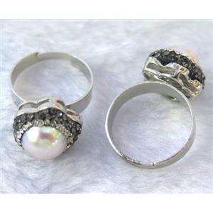 Pearl ring paved rhinestone, approx 10mm bead [GMRG162]