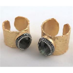Labradorite Ring paved rhinestone, copper, gold plated, approx 20mm dia [GMRG164]