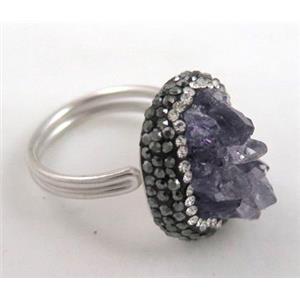 925 sterling silver ring paved amethyst rhinestone, approx 12-20mm [GMRG167]