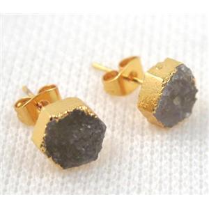 druzy agate earring studs, copper, gold plated, approx 8mm [GMRG196]