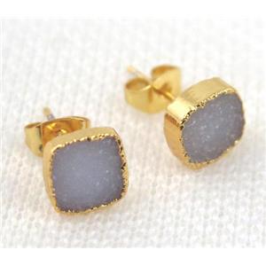 druzy agate earring studs in natural color, copper, square, gold plated, approx 8x8mm [GMRG197]