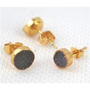 druzy agate earring studs, copper, flat-round, gold plated, approx 8mm dia [GMRG198-8MM]