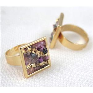 Fluorite ring, square, copper, gold plated, approx 18mm dia [GMRG214]