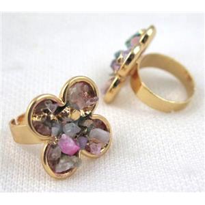 Fluorite ring, four-leaf clover, copper, gold plated, approx 23mm [GMRG218]