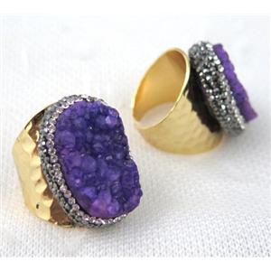 purple druzy quartz ring pave rhinestone, copper, gold plated, approx 20-28mm [GMRG227]
