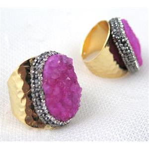 pink druzy quartz ring pave rhinestone, copper, gold plated, approx 20-28mm [GMRG228]