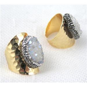 white AB-color druzy quartz ring pave rhinestone, copper, gold plated, approx 20-28mm [GMRG229]