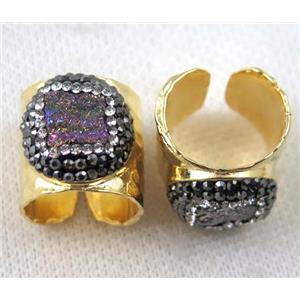 rainbow agate druzy Ring pave rhinestone, copper, gold plated, approx 16-20mm [GMRG233]