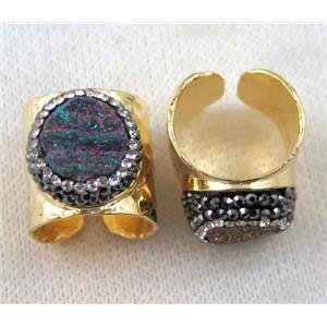 rainbow agate druzy Ring pave rhinestone, copper, gold plated, approx 16-20mm [GMRG237]