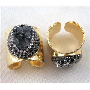 black agate druzy Ring pave rhinestone, copper, gold plated, approx 16-20mm [GMRG240]