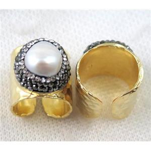 white pearl ring pave rhinestone, copper, gold plated, approx 16-20mm [GMRG243]