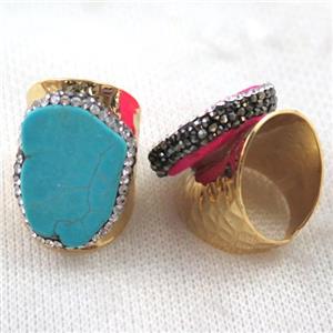 blue turquoise ring paved rhinestone, copper, gold plated, approx 18-25mm, 22mm dia [GMRG246]