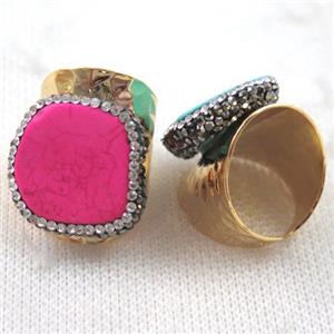 hotpink turquoise ring paved rhinestone, copper, gold plated, approx 18-25mm, 22mm dia [GMRG247]