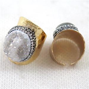 white AB-color Druzy Quartz ring paved rhinestone, copper, gold plated, approx 15x20mm, 22mm dia [GMRG249]