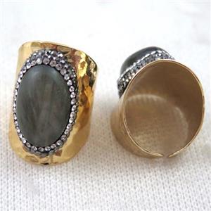 oval labradorite ring paved rhinestone, copper, gold plated, approx 15x20mm, 22mm dia [GMRG250]