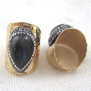teardrop labradorite ring paved rhinestone, copper, gold plated, approx 15x20mm, 22mm dia [GMRG252]