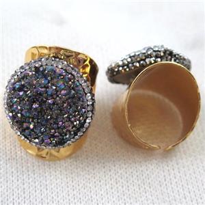 rainbow Agate druzy Ring paved rhinestone, copper, gold plated, approx 20mm, 22mm dia [GMRG254]