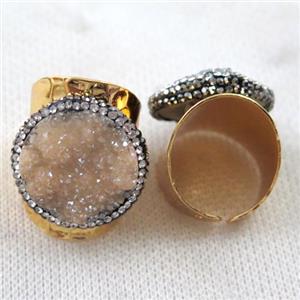 champagne Agate druzy Ring paved rhinestone, copper, gold plated, approx 20mm, 22mm dia [GMRG255]
