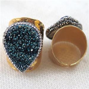 green electroplated Agate druzy Ring paved rhinestone, copper, gold plated, approx 18x25mm, 22mm dia [GMRG259]
