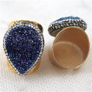 blue electroplated Agate druzy Ring paved rhinestone, copper, gold plated, approx 18x25mm, 22mm dia [GMRG260]