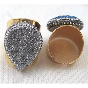 silver druzy Agate Ring paved rhinestone, copper, gold plated, approx 18x25mm, 22mm dia [GMRG261]