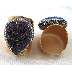 purple Agate druzy Ring paved rhinestone, copper, gold plated, approx 18x25mm, 22mm dia [GMRG262]