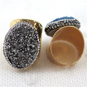 silver Agate druzy ring paved rhinestone, copper, gold plated, approx 18x25mm, 22mm dia [GMRG265]