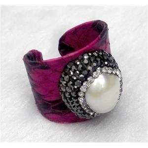 white freshwater pearl pave rhinestone, hotpink snakeskin alloy ring, approx 20mm dia [GMRG266]