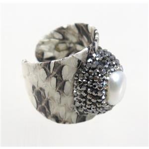 white freshwater pearl pave rhinestone, snakeskin alloy ring, approx 20mm dia [GMRG267]