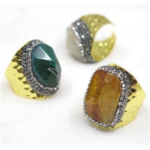 mix color Agate Rings pave rhinestone, copper, gold plated, approx 18-23mm [GMRG282]