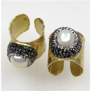24K gold plated copper ring paved white pearl, rhinestone, approx 20mm dia [GMRG305]