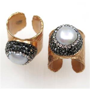white pearl ring pave rhinestone, copper, rode gold plated, approx 20mm dia [GMRG306]