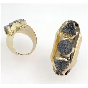 gray druzy quartz ring, gold plated, approx 20-40mm [GMRG310]