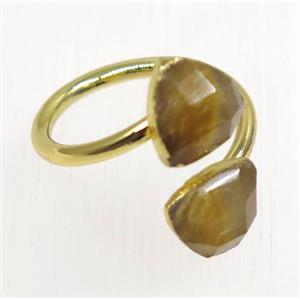natural yellow Tiger ey stone ring, faceted triangle, gold plated, approx 8-20mm [GMRG325]