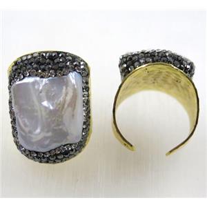 white freshwater pearl ring paved rhinestone, gold plated, approx 20mm, 20mm [GMRG332]