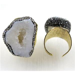 white druzy agate ring paved rhinestone, gold plated, approx 20-30mm, 20mm [GMRG333]