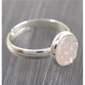 white AB-color druzy agate ring, copper, silver palted, approx 8mm dia, 18mm dia [GMRG347]