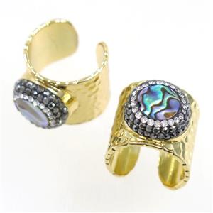 paua abalone shell Ring pave rhinestone, copper, gold plated, approx 10-22mm [GMRG388]