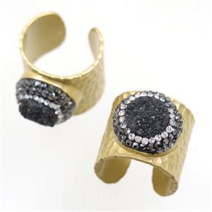 black Druzy Quartz Copper Ring pave rhinestone, duck gold, approx 10-22mm [GMRG389]