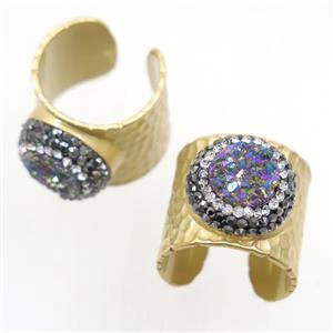 rainbow Druzy Quartz Copper Ring pave rhinestone, duck gold, approx 10-22mm [GMRG390]