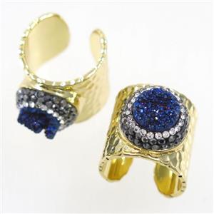 blue Druzy Quartz Copper Ring pave rhinestone, gold plated, approx 10-22mm [GMRG391]
