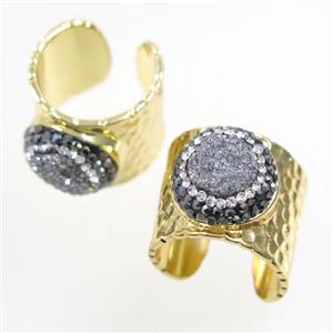 silver Druzy Quartz Copper Ring pave rhinestone, gold plated, approx 10-22mm [GMRG393]