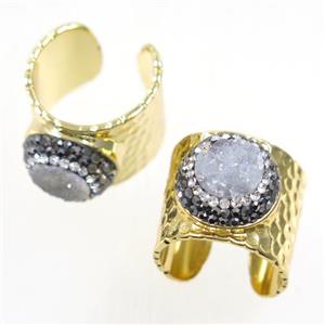 white Druzy Quartz Copper Ring pave rhinestone, gold plated, approx 10-22mm [GMRG394]