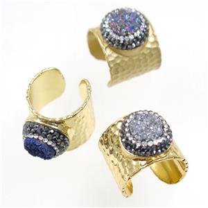 Druzy Quartz Copper Ring pave rhinestone, mix color, gold plated, approx 10-22mm [GMRG395]