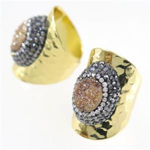 champagne Druzy Quartz Copper Ring pave rhineston, gold plated, approx 10-22mm [GMRG396]