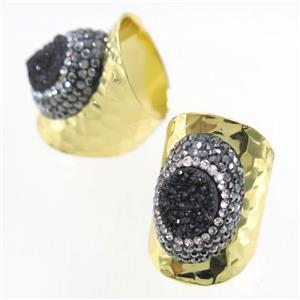 black Druzy Quartz Copper Ring pave rhineston, gold plated, approx 10-22mm [GMRG398]