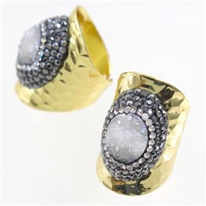 white Druzy Quartz Copper Ring pave rhineston, gold plated, approx 10-22mm [GMRG399]
