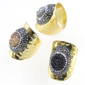Druzy Quartz Copper Ring pave rhineston, mix color, gold plated, approx 10-22mm [GMRG400]