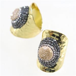 champagne Druzy Quartz Copper Ring pave rhineston, gold plated, approx 10-22mm [GMRG402]