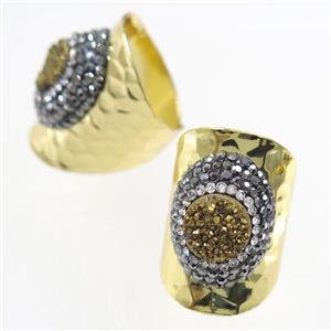 golden Druzy Quartz Copper Ring pave rhineston, gold plated, approx 10-22mm [GMRG404]